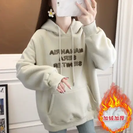 秋冬中长款连帽加绒加厚卫衣女2023新款学生外套冬季一体绒上衣女商品大图