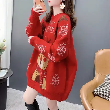 圣诞雪花麋鹿红色圆领毛衣女秋冬2023年新款宽松慵懒风软糯针织衫商品大图
