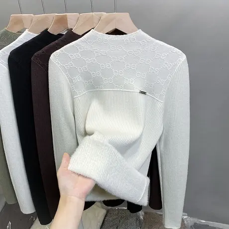 一体绒半高领毛衣女加绒厚打底衫2023秋冬新款蕾丝针织衫内搭上衣商品大图