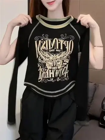 今年新款黑色圆领长袖女秋季2023简约正肩辣妹街头弹力爆款上衣图片