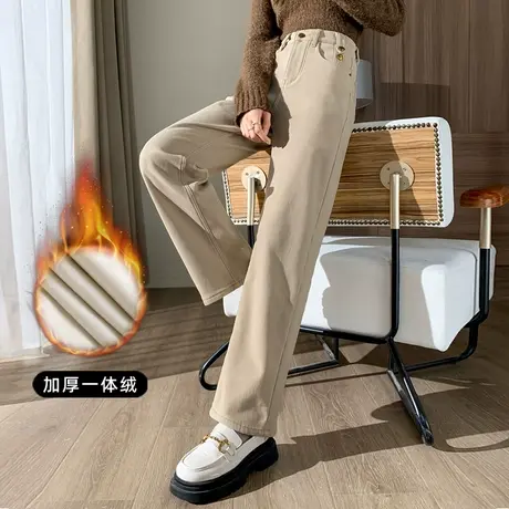 卡其色直筒牛仔裤女2023冬季新款高腰显瘦窄版阔腿裤加厚加绒裤子商品大图
