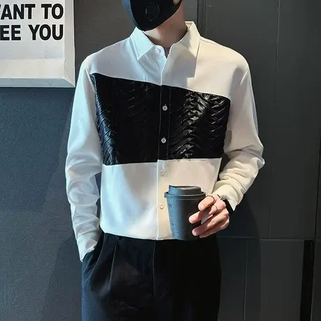 秋季男士衬衫上衣发型师拼接高级感衬衣长袖修身拼接潮流休闲帅气图片