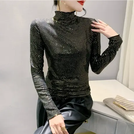 气质女装欧货潮闪亮T恤长袖百搭洋气上衣紧身内搭打底衫女潮流风商品大图