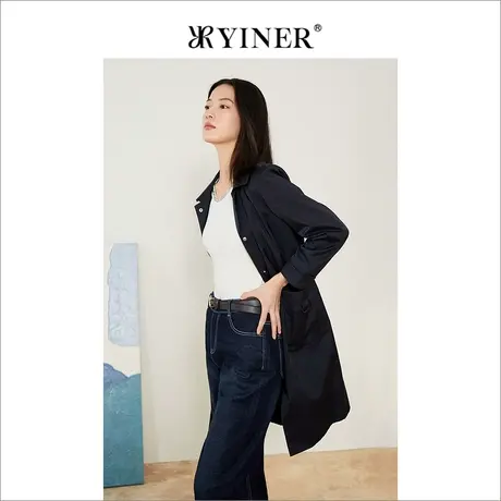 YINER音儿线上专选女装2022春季中长款单排扣翻领风衣商品大图