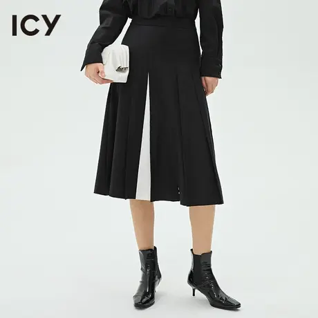 icy春秋新款复古学院风撞色高腰百褶半身裙女【梦会停设计】图片