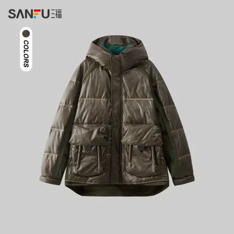 三福2023冬季男士PU拼接羽绒服 潮流保暖连帽面包服外套481218商品大图