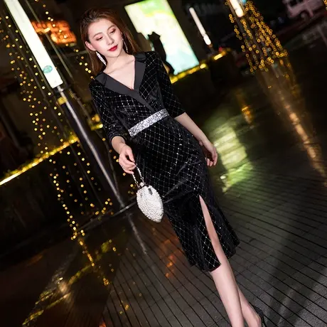 小个子晚礼服名媛平时可穿气质轻奢鱼尾丝绒黑色宴会主持连衣裙女图片