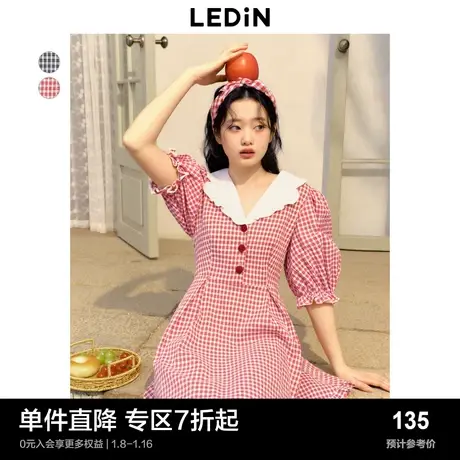 乐町甜美翻领连衣裙夏季清新格纹裙子泡泡袖收腰连衣裙图片