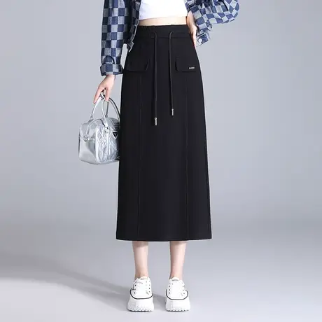 黑色显瘦半身裙休闲裙女春季2024新款松紧高腰时尚开叉一步裙筒裙商品大图