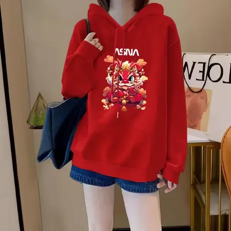红色本命年连帽卫衣女龙年长款加绒加厚上衣2024爆款秋冬喜庆上衣图片