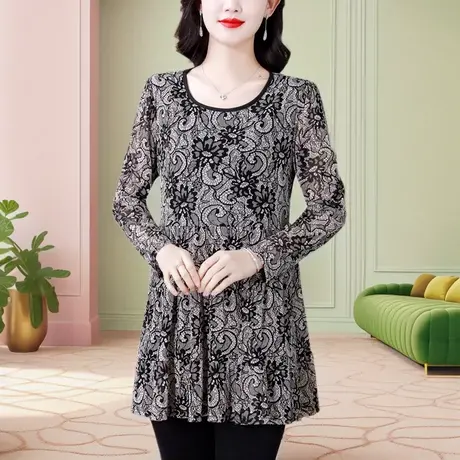 中长款蕾丝上衣女春秋季2024新款遮屁股洋气大码打底衫中年妈妈装图片