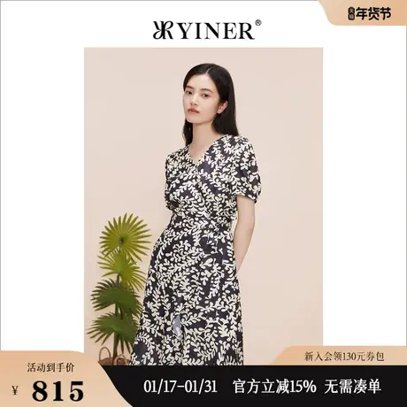 YINER音儿专选女装夏季V领系带收腰修身印花连衣裙图片