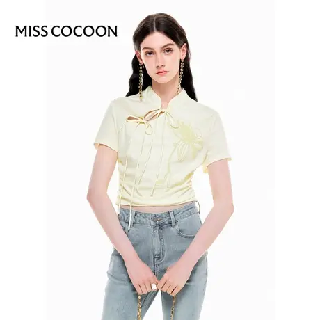 可可尼COCOON【雀翎夏梦】2025夏季新款新中式珠绣醋酸针织T恤女图片