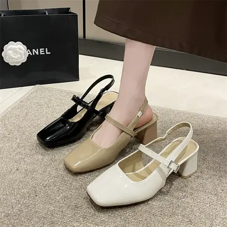 包头凉鞋女后空2024年春夏季新款时尚百搭粗跟单鞋法式方头高跟鞋商品大图