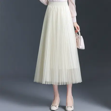 网纱半身裙女春季2024新款高腰垂感显瘦百褶裙时尚百搭大摆a字裙图片