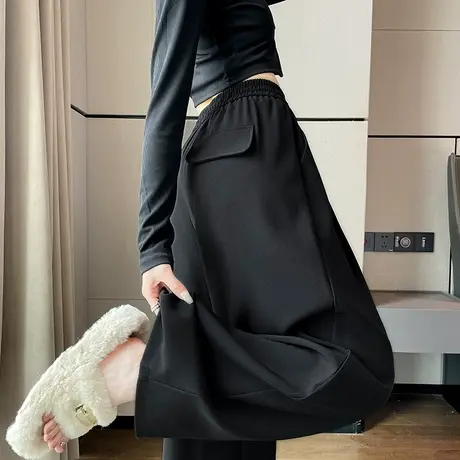 黑色高腰抽绳西装阔腿休闲裤女春秋2024新款百搭拖地显瘦垂感长裤商品大图