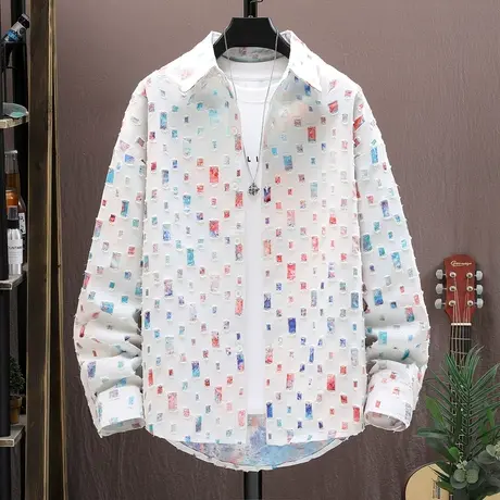 个性网红潮流长袖衬衫男士春秋季破洞镂空衬衣学生潮牌薄夹克外套商品大图