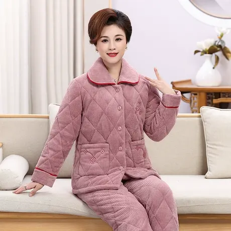 婷美秋冬季中老年睡衣女士三层夹棉加绒加厚珊瑚绒家居服保暖套装图片