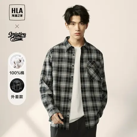 【纯棉外套款衬衫】HLA/海澜之家格纹长袖衬衫23秋新款工装衬衣男图片