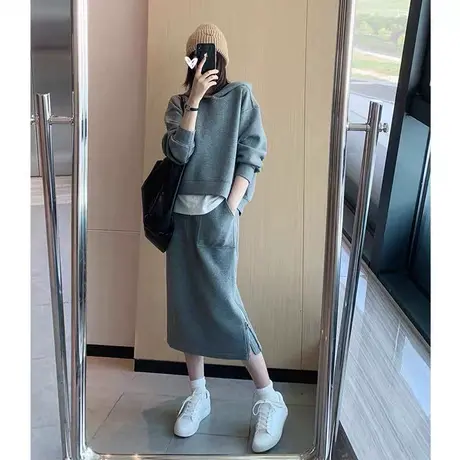 早春季大码女装微胖mm宽松显瘦遮肉减龄洋气卫衣半身裙两件套装潮图片