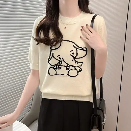 白色卡通提花针织短袖女打底衫薄款春夏2023年宽松显瘦针织T恤衫商品大图