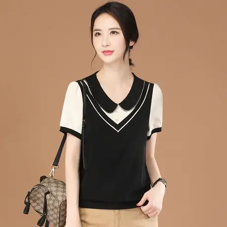 韩潮袭人娃娃领拼接短袖T恤女2023夏新款撞色休闲气质百搭上衣薄图片