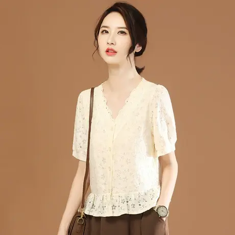 韩潮袭人V领蕾丝镂空短袖雪纺衫夏新款女士衬衫设计感小众上衣薄图片