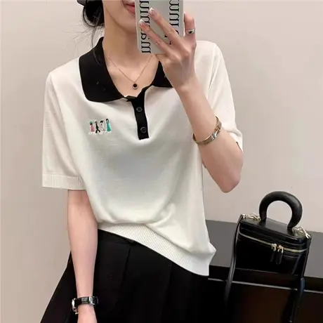冰丝针织衫polo领短袖t恤女2023新款夏季宽松女士半袖上衣小个子商品大图