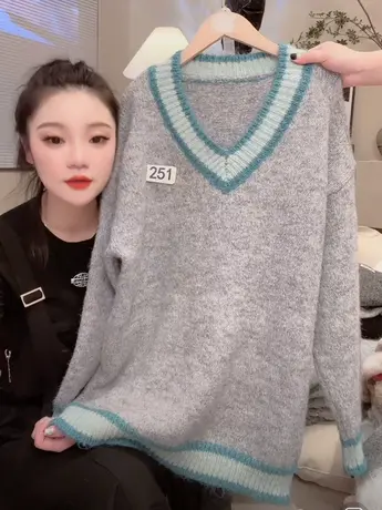 小众设计感中长款毛衣女2023新款宽松显瘦撞色V领慵懒风针织上衣商品大图