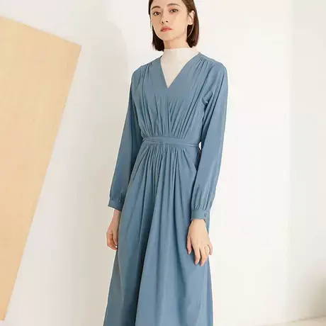 桔熊春秋季浪漫V领收腰抓皱长裙纯色修身连衣裙子女装大码DA9471图片