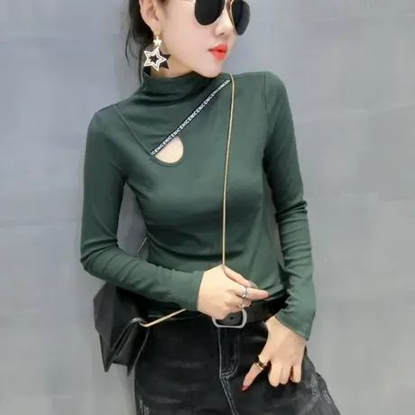 半高领打底衫女春秋2023新款性感镂空T恤女长袖修身百搭洋气上衣商品大图