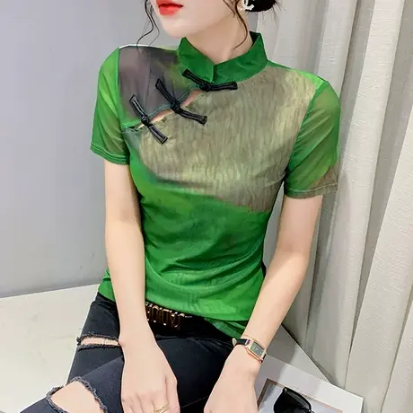 民族风女装设计感改良盘扣T恤短袖洋气旗袍领上衣网纱性感小衫夏图片