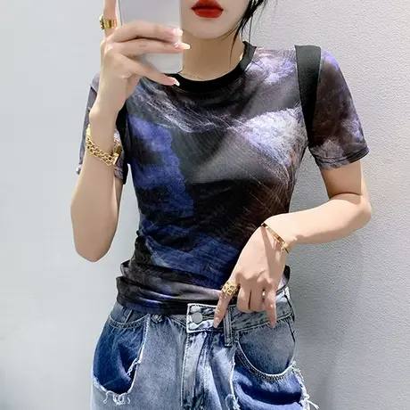 气质扎染印花短袖T恤女士夏装时尚减龄圆领小衫欧货网纱修身上衣商品大图