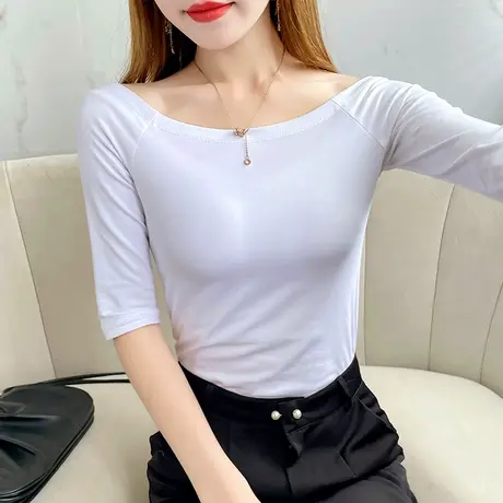 纯棉一字领中袖t恤女白色露肩显瘦五分袖体恤夏季内搭正肩上衣潮商品大图