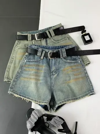 磨白复古牛仔短裤2023夏季新款显瘦百搭高腰裤做旧毛边a字阔腿裤商品大图