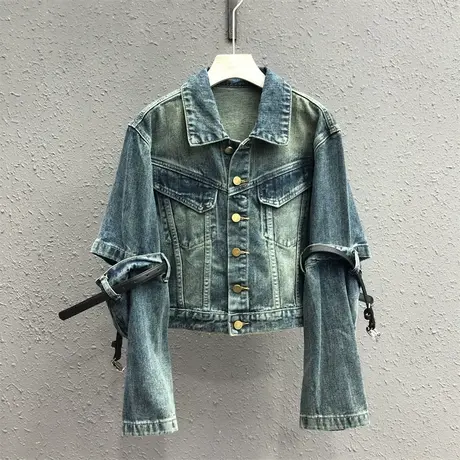 港味复古翻领牛仔短外套女潮流2023春秋新款个性长袖宽松百搭上衣图片