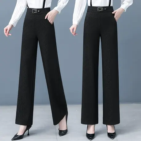 时尚提花直筒阔腿长裤女2023秋季新款高腰显瘦垂感中年妈妈休闲裤商品大图