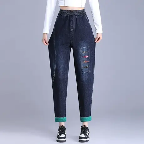 牛仔哈伦裤2023年春秋季新款高腰绣花九分萝卜裤卷边宽松老爹裤商品大图