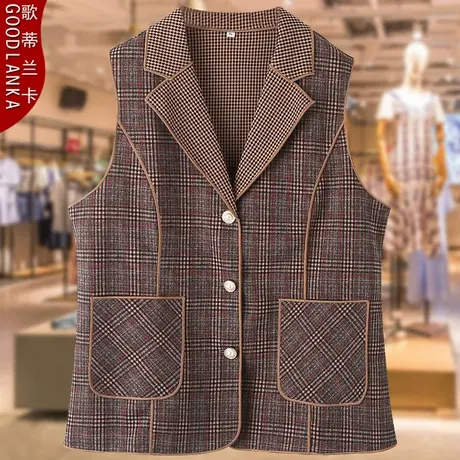 大码中老年春秋外穿马夹女200斤妈妈装宽松时尚减龄格子马甲外套商品大图