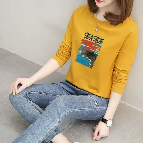 长袖t恤女2023春装新款ulzzang学生宽松百搭纯棉上衣圆领打底衫潮图片