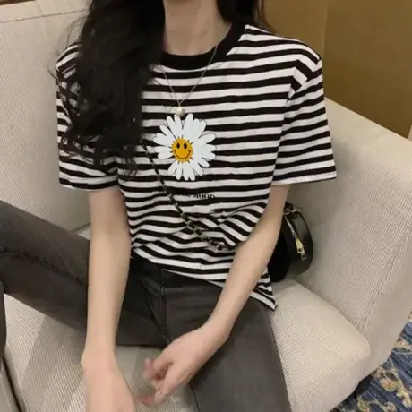 黑白条纹短袖t恤女2023夏季新款时尚休闲百搭修身显瘦遮肉上衣女商品大图