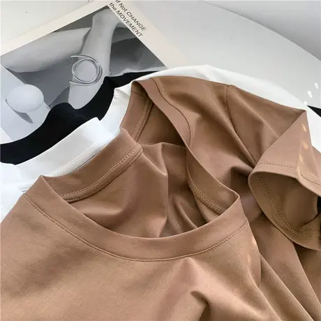大U领短袖纯色薄款T恤女咖啡色休闲套头简约气质显身材上衣T恤女图片