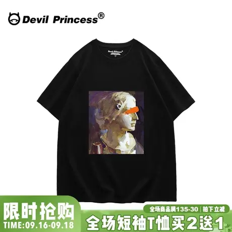 欧美复古风印花黑色纯棉短袖t恤女宽松bf慵懒风ins潮夏季纯棉半袖图片