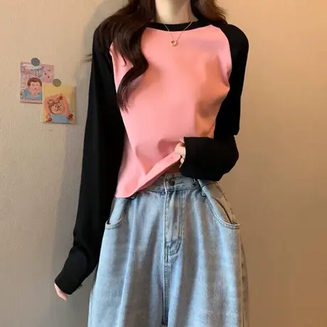 小个子短款撞色拼接长袖T恤女早秋韩版修身显瘦内搭插肩袖上衣服商品大图