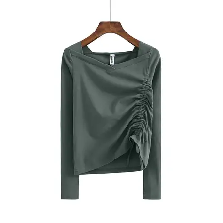 春秋V领下摆抽绳内搭纯棉修身长袖打底衫上衣女装纯色T恤网红图片