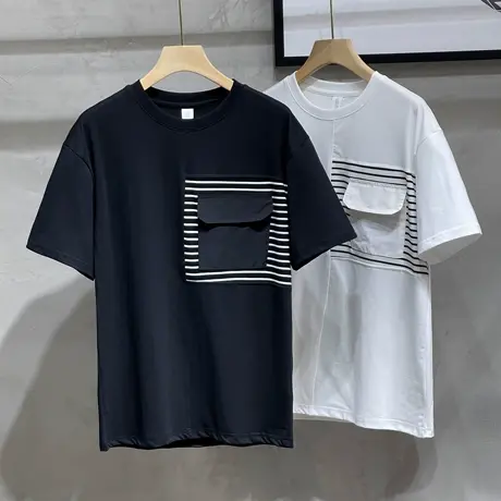 t恤男短袖潮流个性口袋拼接圆领春夏季ins潮牌男装上衣男士打底衫商品大图