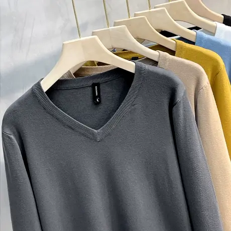 仿羊绒秋冬轻商务内搭打底衫休闲针织衫修身潮保暖V领毛衣男上衣商品大图
