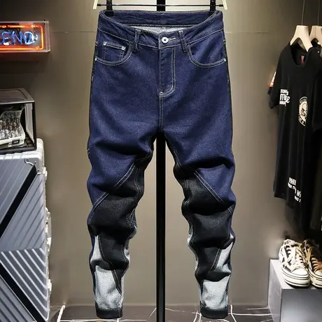 秋季新款青少年拼接修身小脚牛仔裤男韩版潮流百搭休闲长裤子男潮商品大图