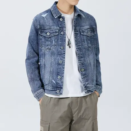 春季男士夹克外套男装上衣工装翻领牛仔休闲破洞排扣蓝色短裤潮流图片