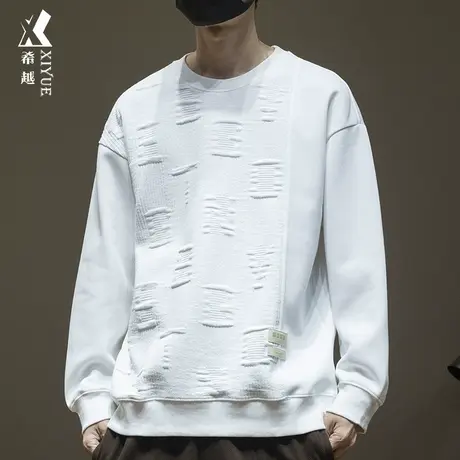 希越高级感拼接毛织布卫衣男圆领2023春秋新款宽松大码内搭打底衫商品大图